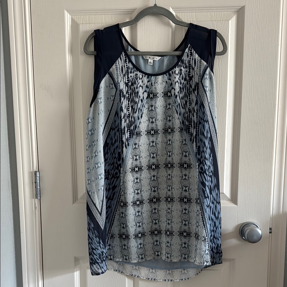 CAbi Blue and White Asymmetrical Blouse